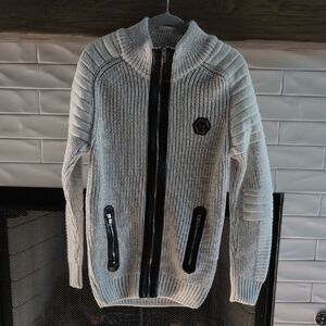 LCR Cream Men's Zip-Up Knitted Black Leather Accents Sweater Size Large Thick